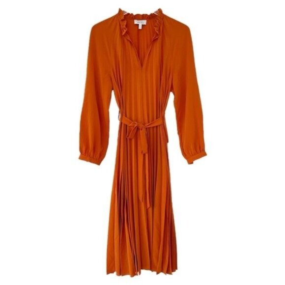 & Other Stories Pleated Long Sleeve Tie Waist Orange Midi Dress Size 10 - Picture 2 of 12